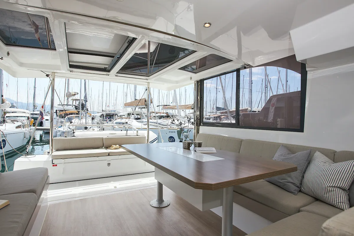Salon of Meme, a Bali Catspace catamaran at Grad Kaštela, Croatia