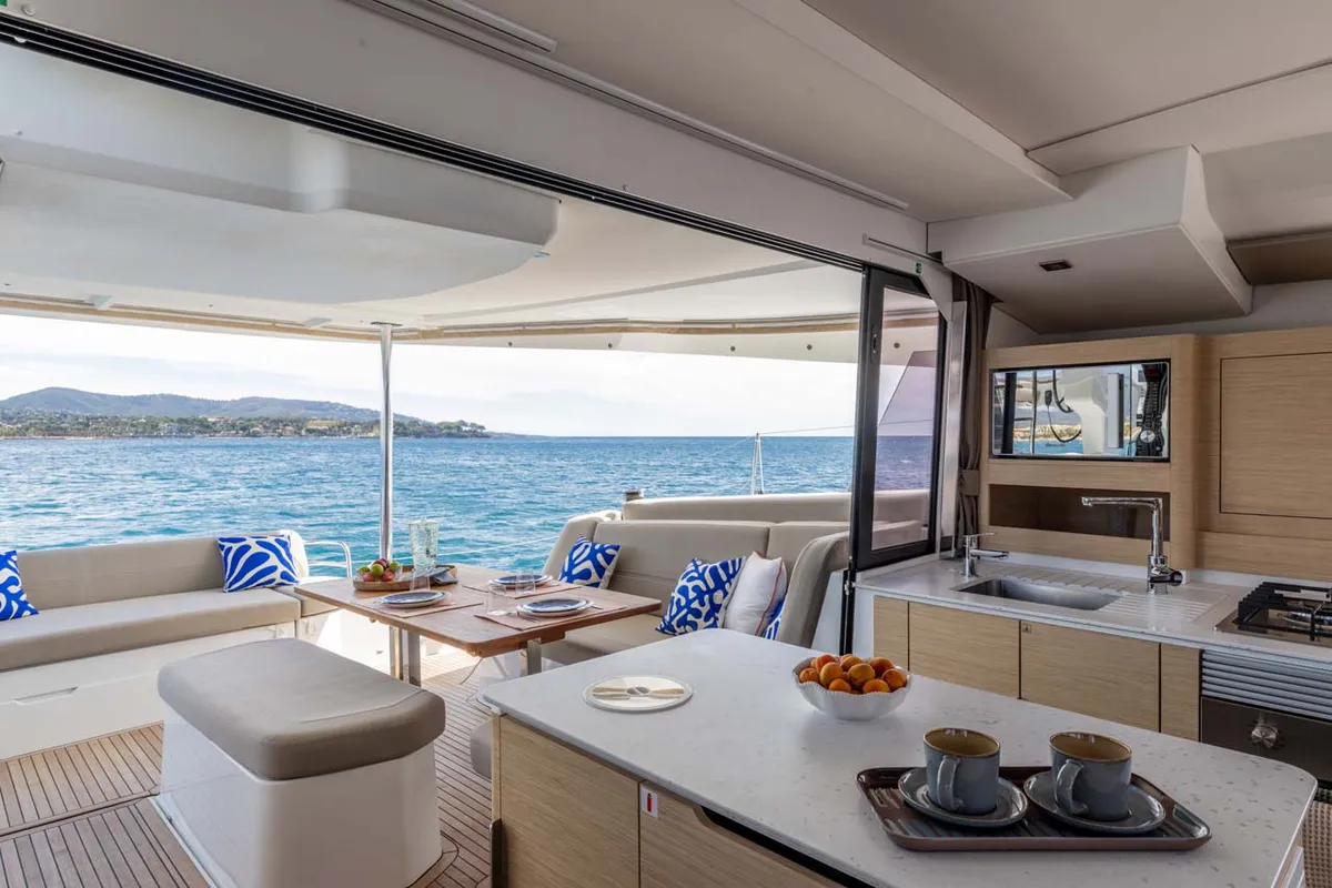 Galley of Blue Escape, a Fountaine Pajot FP 44 Quatuor catamaran at Grad Šibenik, Croatia