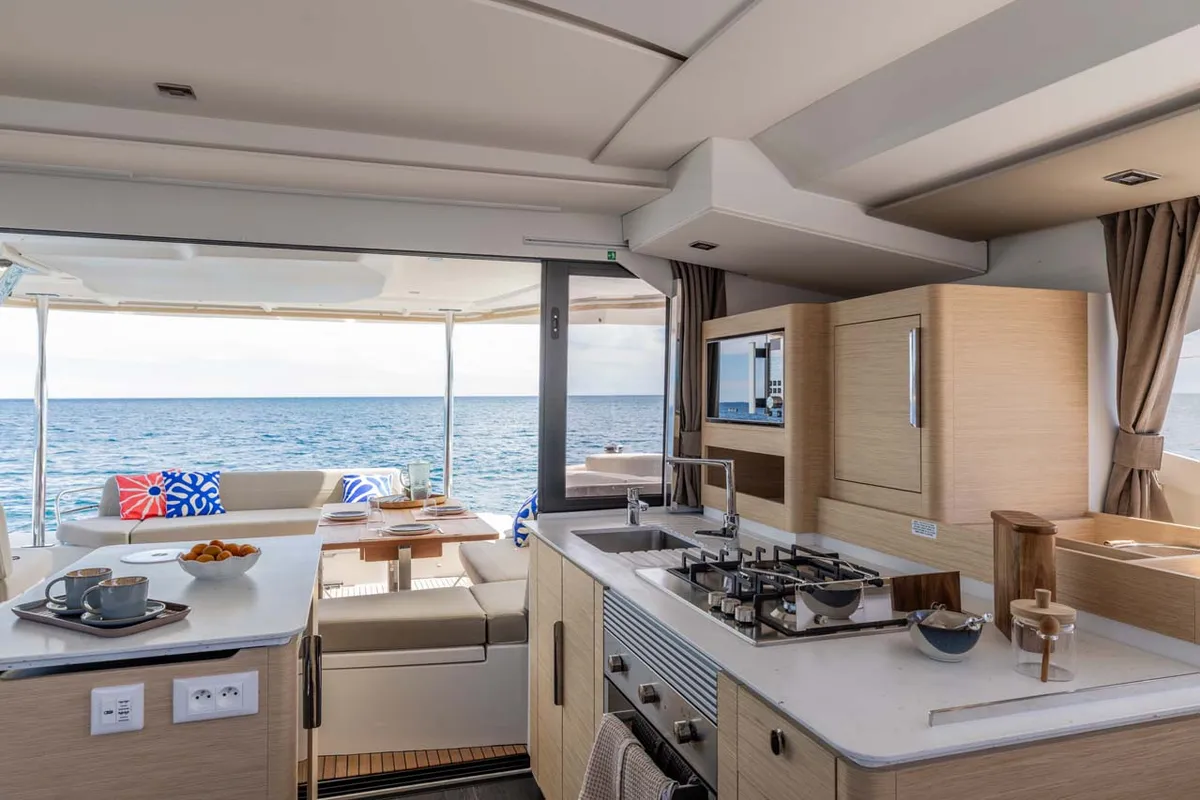 Galley of Blue Escape, a Fountaine Pajot FP 44 Quatuor catamaran at Grad Šibenik, Croatia