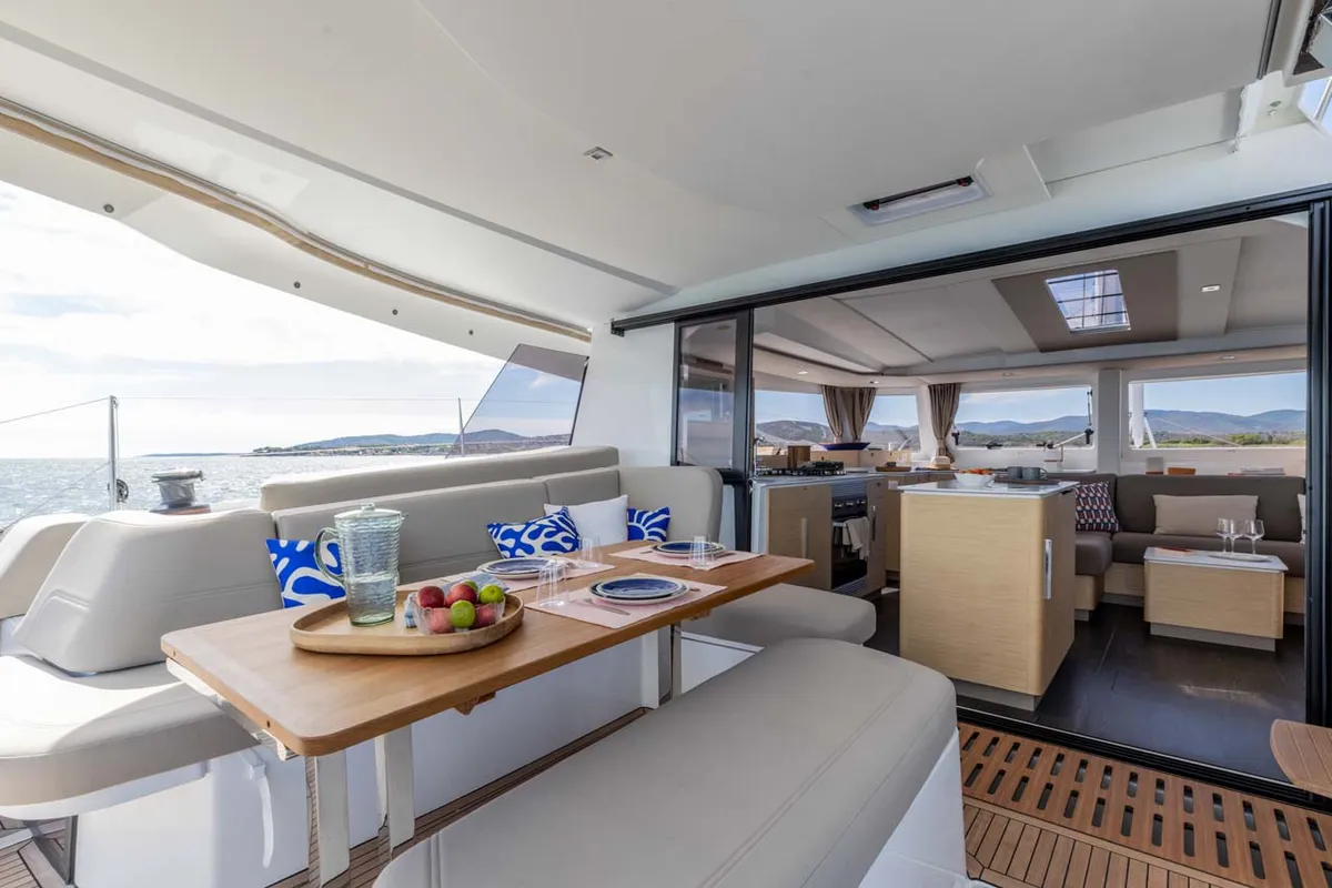 Deck of Blue Escape, a Fountaine Pajot FP 44 Quatuor catamaran at Grad Šibenik, Croatia