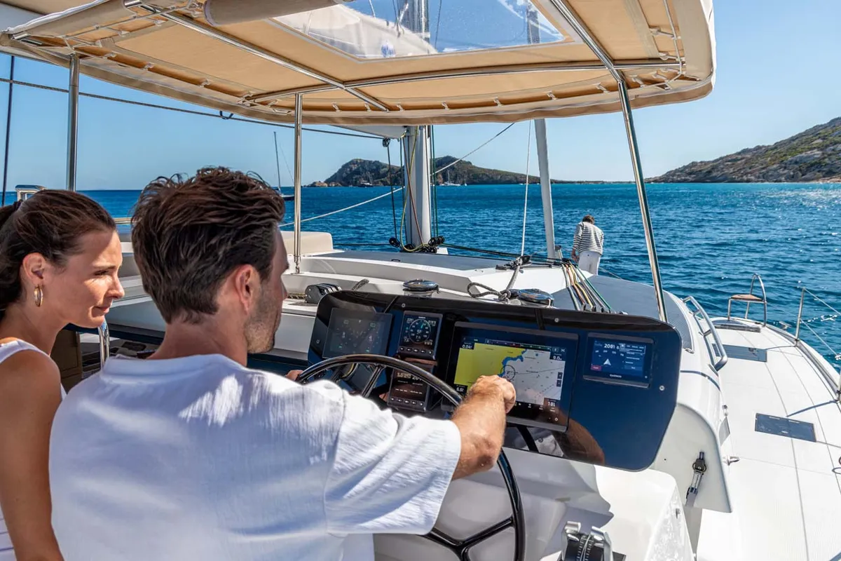 Cockpit of Blue Escape, a Fountaine Pajot FP 44 Quatuor catamaran at Grad Šibenik, Croatia