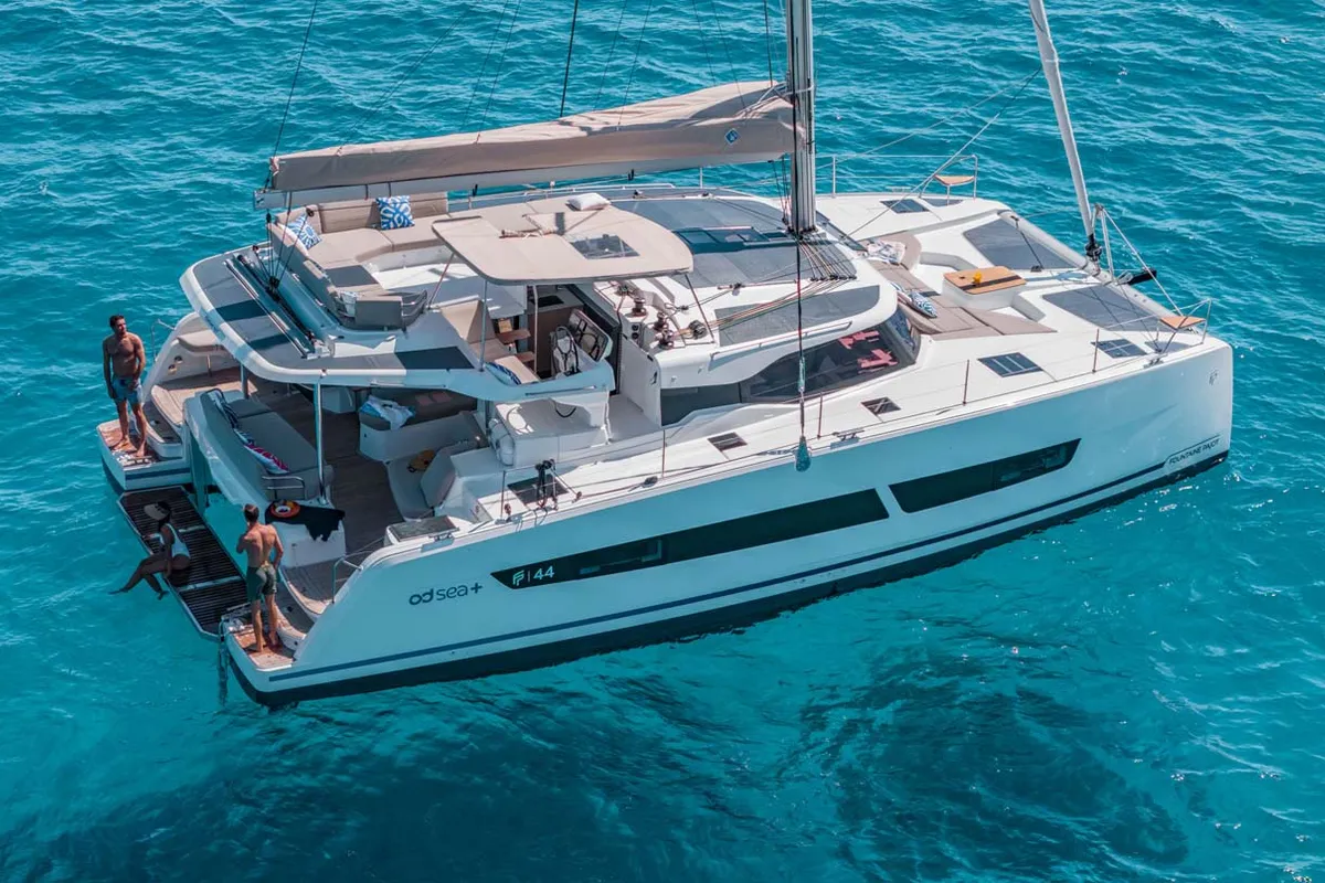 Exterior view of Blue Escape, a Fountaine Pajot FP 44 Quatuor catamaran at Grad Šibenik, Croatia