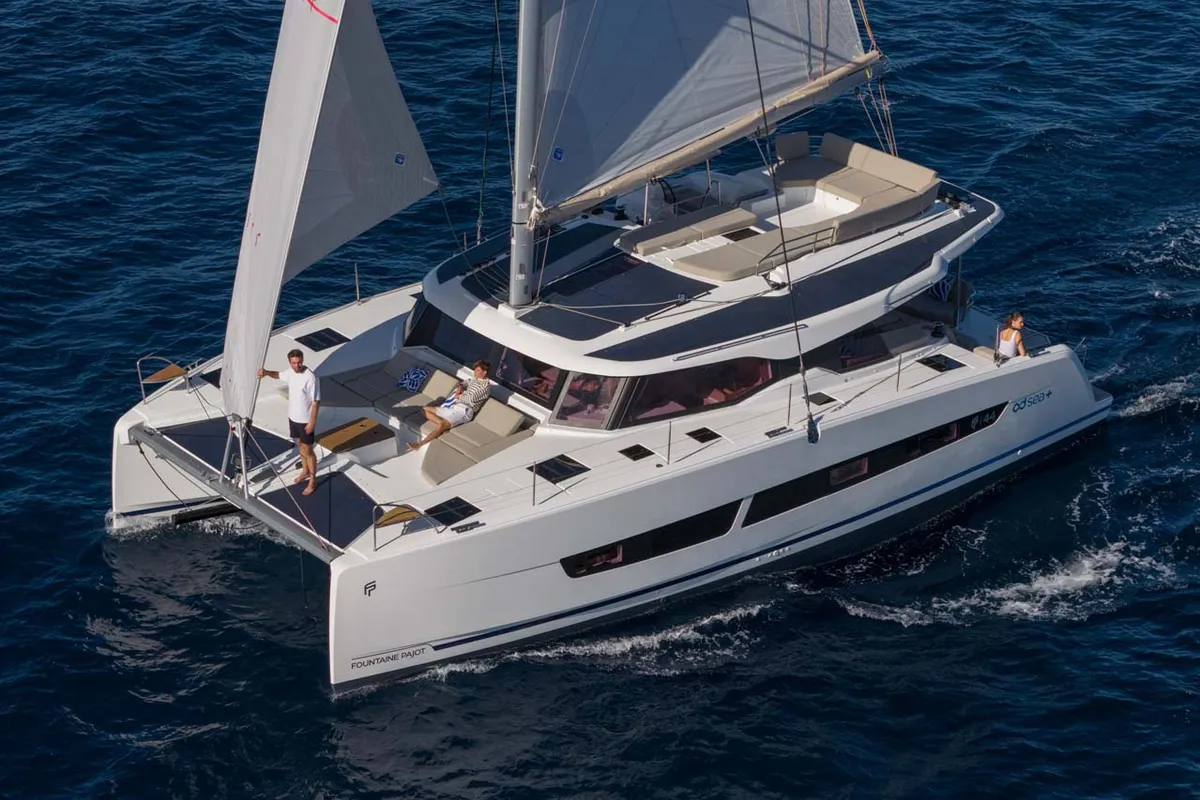 Exterior view of Blue Escape, a Fountaine Pajot FP 44 Quatuor catamaran at Grad Šibenik, Croatia