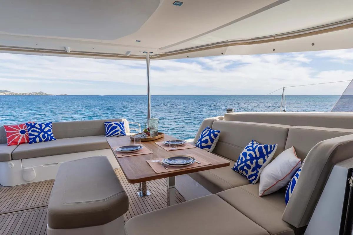 Deck of Blue Escape, a Fountaine Pajot FP 44 Quatuor catamaran at Grad Šibenik, Croatia