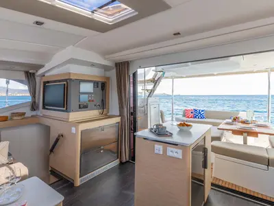 Salon of Blue Escape, a Fountaine Pajot FP 44 Quatuor catamaran at Grad Šibenik, Croatia