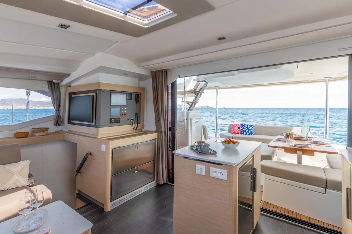 Salon of Blue Escape, a Fountaine Pajot FP 44 Quatuor catamaran at Grad Šibenik, Croatia