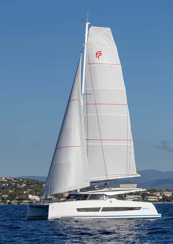 Exterior view of Blue Escape, a Fountaine Pajot FP 44 Quatuor catamaran at Grad Šibenik, Croatia