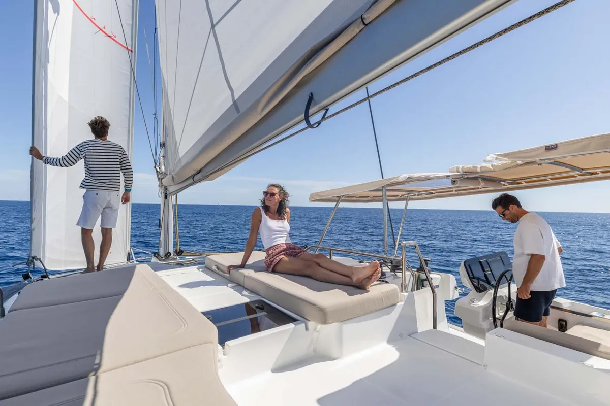 Deck of Blue Escape, a Fountaine Pajot FP 44 Quatuor catamaran at Grad Šibenik, Croatia