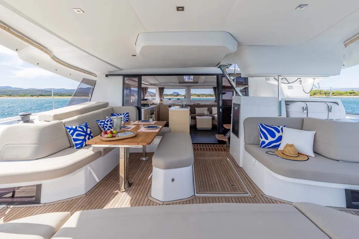 Deck of Blue Escape, a Fountaine Pajot FP 44 Quatuor catamaran at Grad Šibenik, Croatia