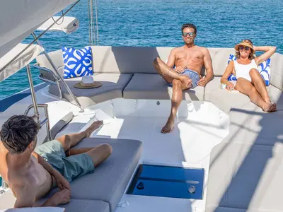 Deck of Blue Escape, a Fountaine Pajot FP 44 Quatuor catamaran at Grad Šibenik, Croatia