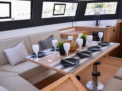 Salon of Caipirinha, a Dufour Catamaran 48 catamaran at Naousa, Greece