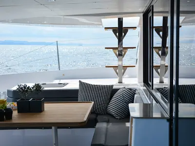 Deck of Caipirinha, a Dufour Catamaran 48 catamaran at Naousa, Greece