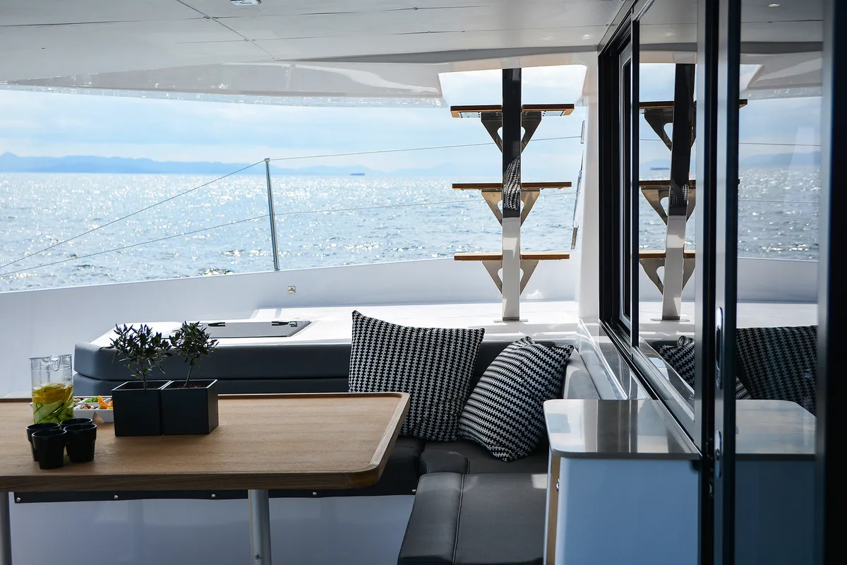 Deck of Caipirinha, a Dufour Catamaran 48 catamaran at Naousa, Greece