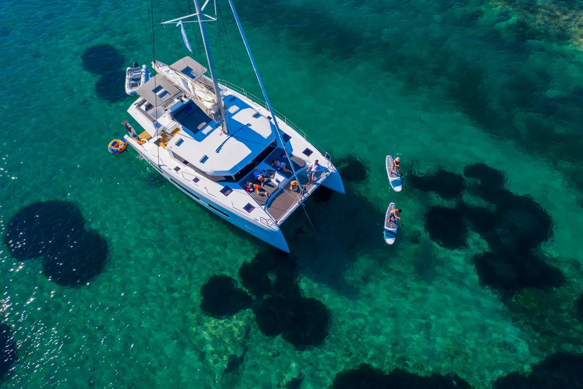 Exterior view of Caipirinha, a Dufour Catamaran 48 catamaran at Naousa, Greece