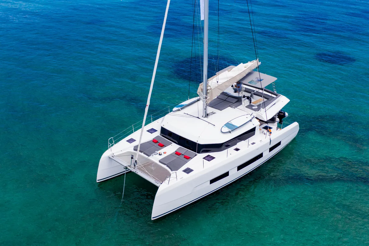Exterior view of Caipirinha, a Dufour Catamaran 48 catamaran at Naousa, Greece