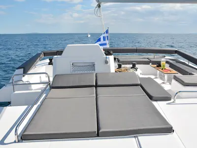 Cockpit of Caipirinha, a Dufour Catamaran 48 catamaran at Naousa, Greece