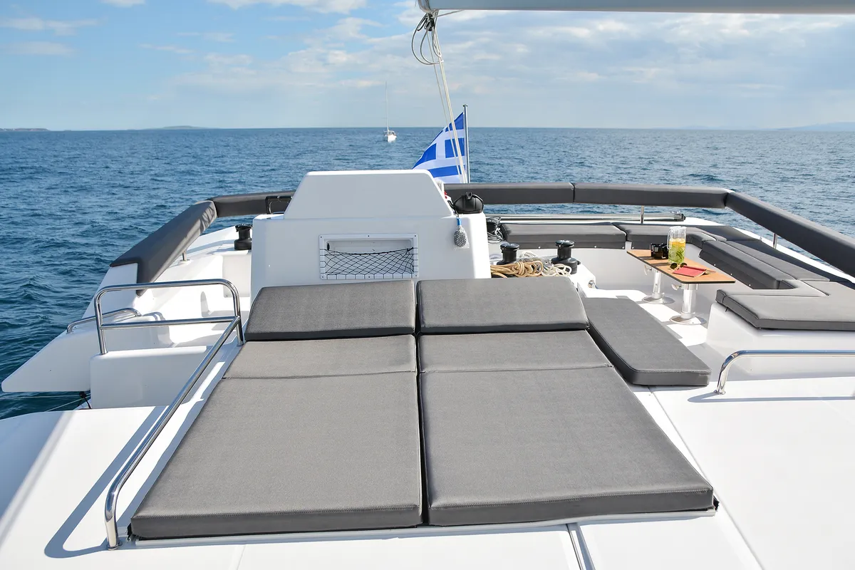 Cockpit of Caipirinha, a Dufour Catamaran 48 catamaran at Naousa, Greece