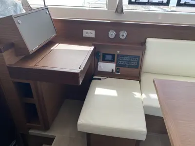 Salon of Koralia, a Lagoon 40 catamaran at Olbia, Italy