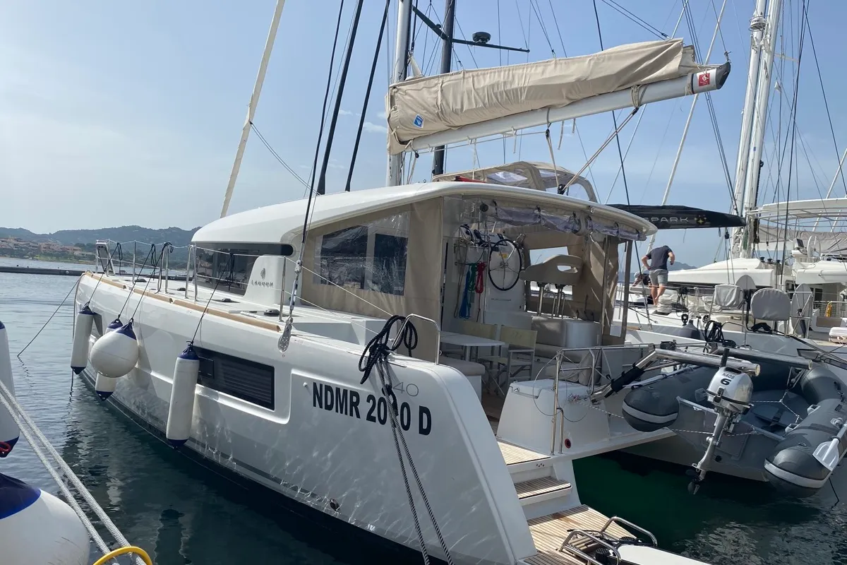 Exterior view of Koralia, a Lagoon 40 catamaran at Olbia, Italy
