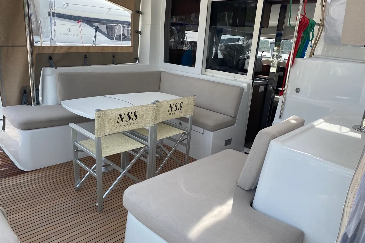 Deck of Koralia, a Lagoon 40 catamaran at Olbia, Italy