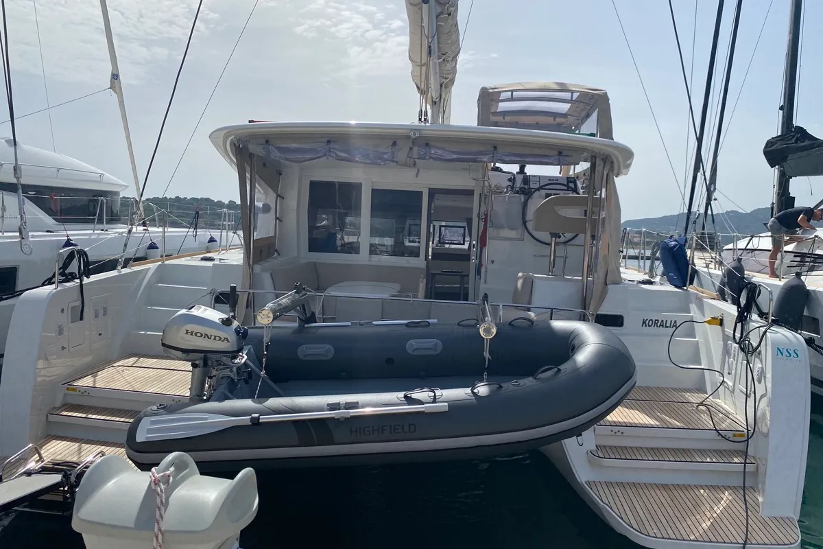 Exterior view of Koralia, a Lagoon 40 catamaran at Olbia, Italy