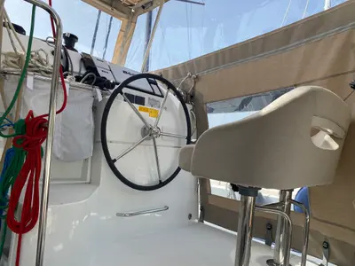 Cockpit of Koralia, a Lagoon 40 catamaran at Olbia, Italy