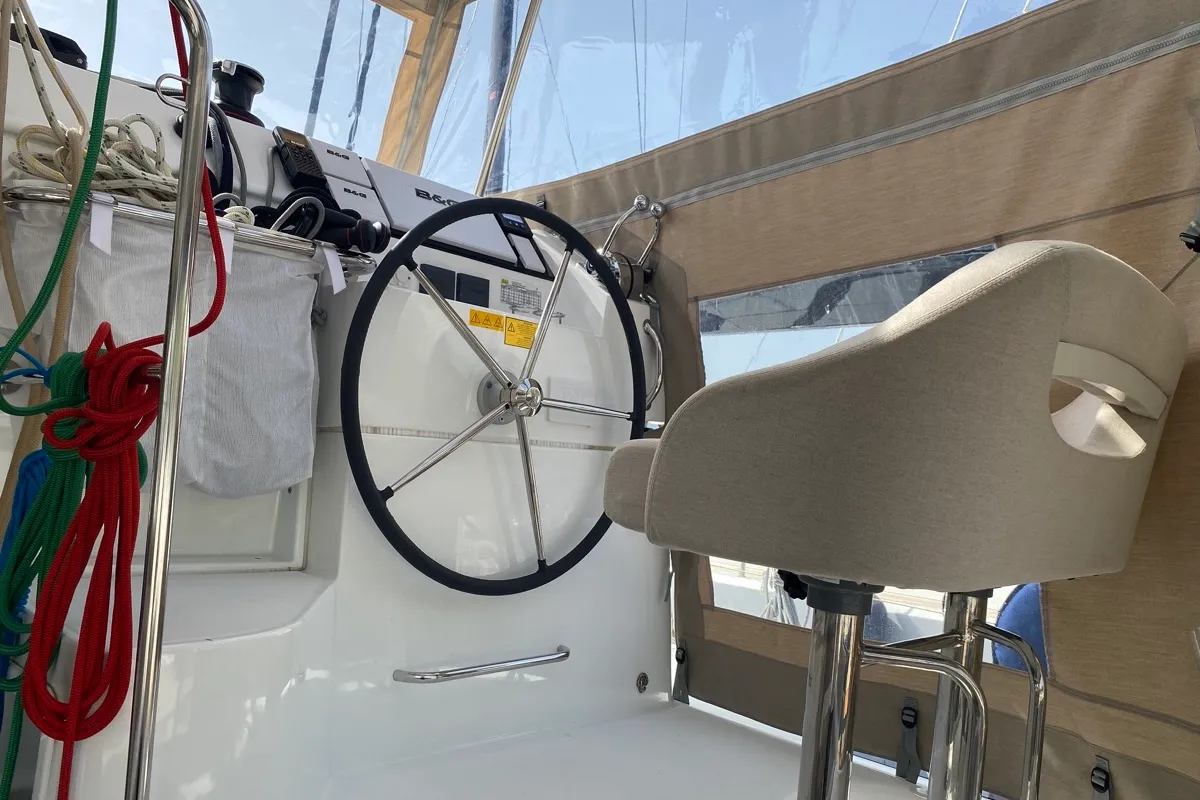 Cockpit of Koralia, a Lagoon 40 catamaran at Olbia, Italy