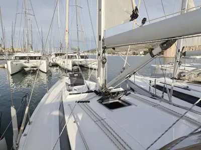 Deck of Amore, a Bavaria C38 Style sailboat at Grad Trogir, Croatia