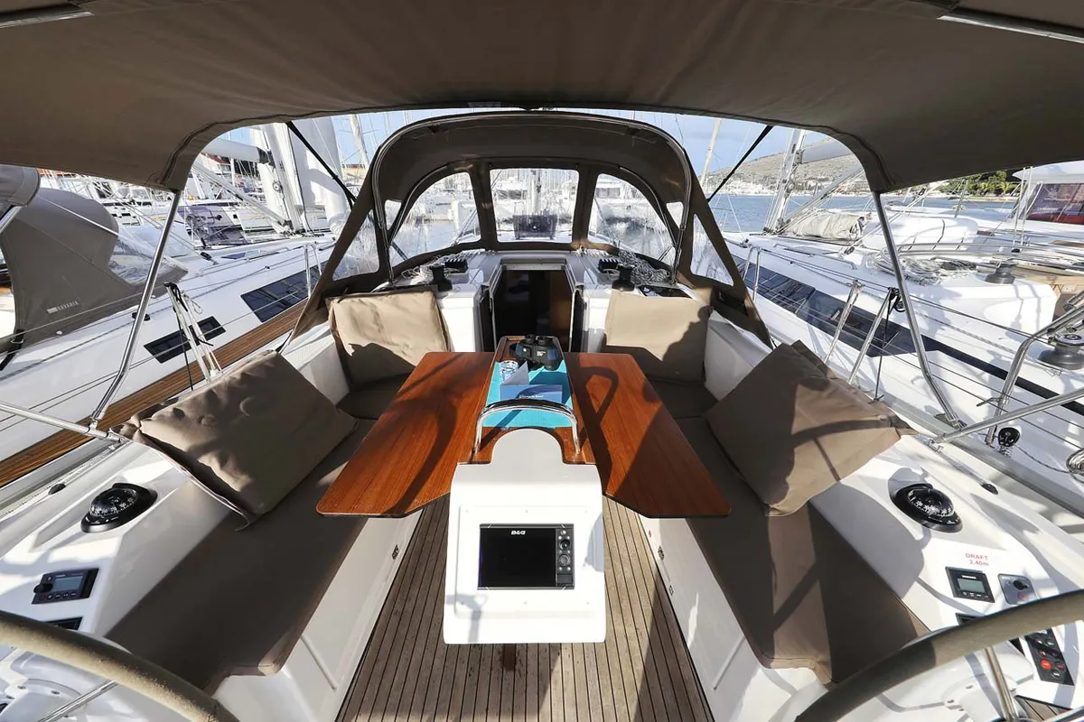 Cockpit of Amore, a Bavaria C38 Style sailboat at Grad Trogir, Croatia