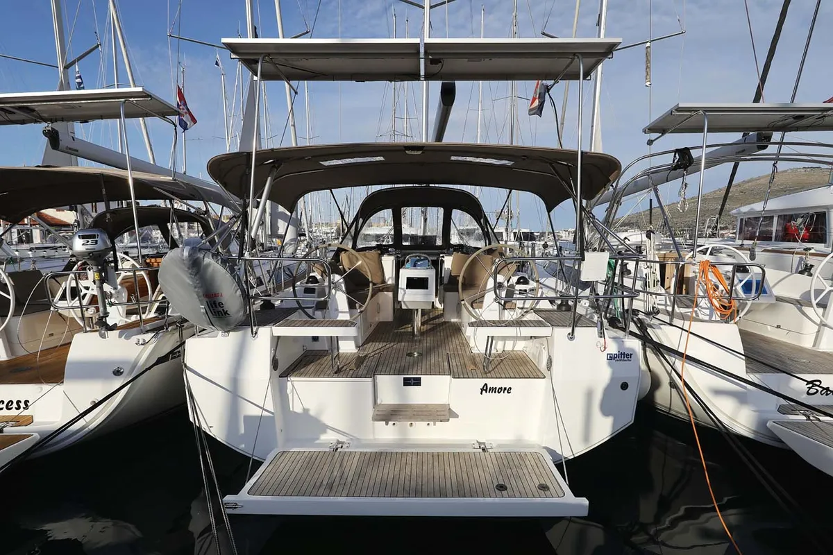 Exterior view of Amore, a Bavaria C38 Style sailboat at Grad Trogir, Croatia