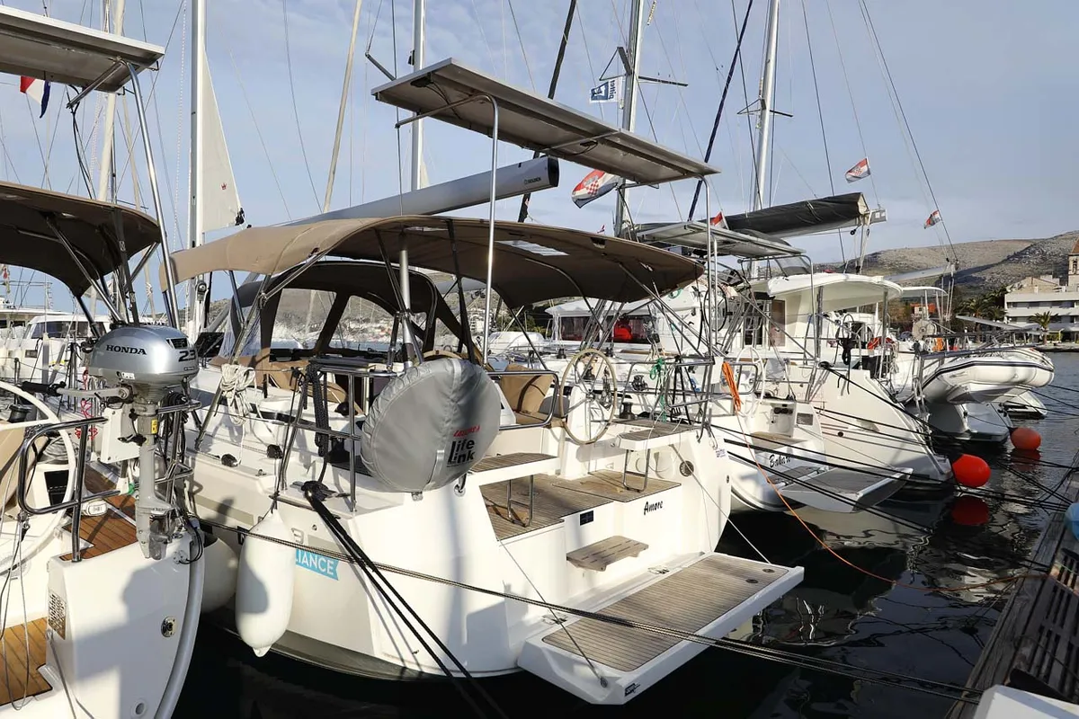 Exterior view of Amore, a Bavaria C38 Style sailboat at Grad Trogir, Croatia