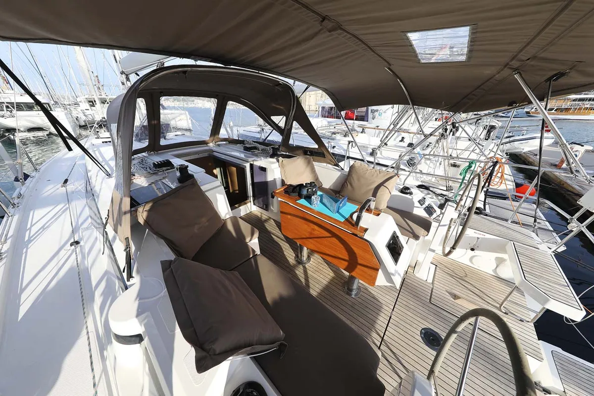 Cockpit of Amore, a Bavaria C38 Style sailboat at Grad Trogir, Croatia
