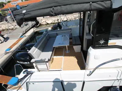 Deck of Navis Amoris, a Jeanneau Merry Fisher 895 Serie2 motorboat at Grad Biograd na Moru, Croatia