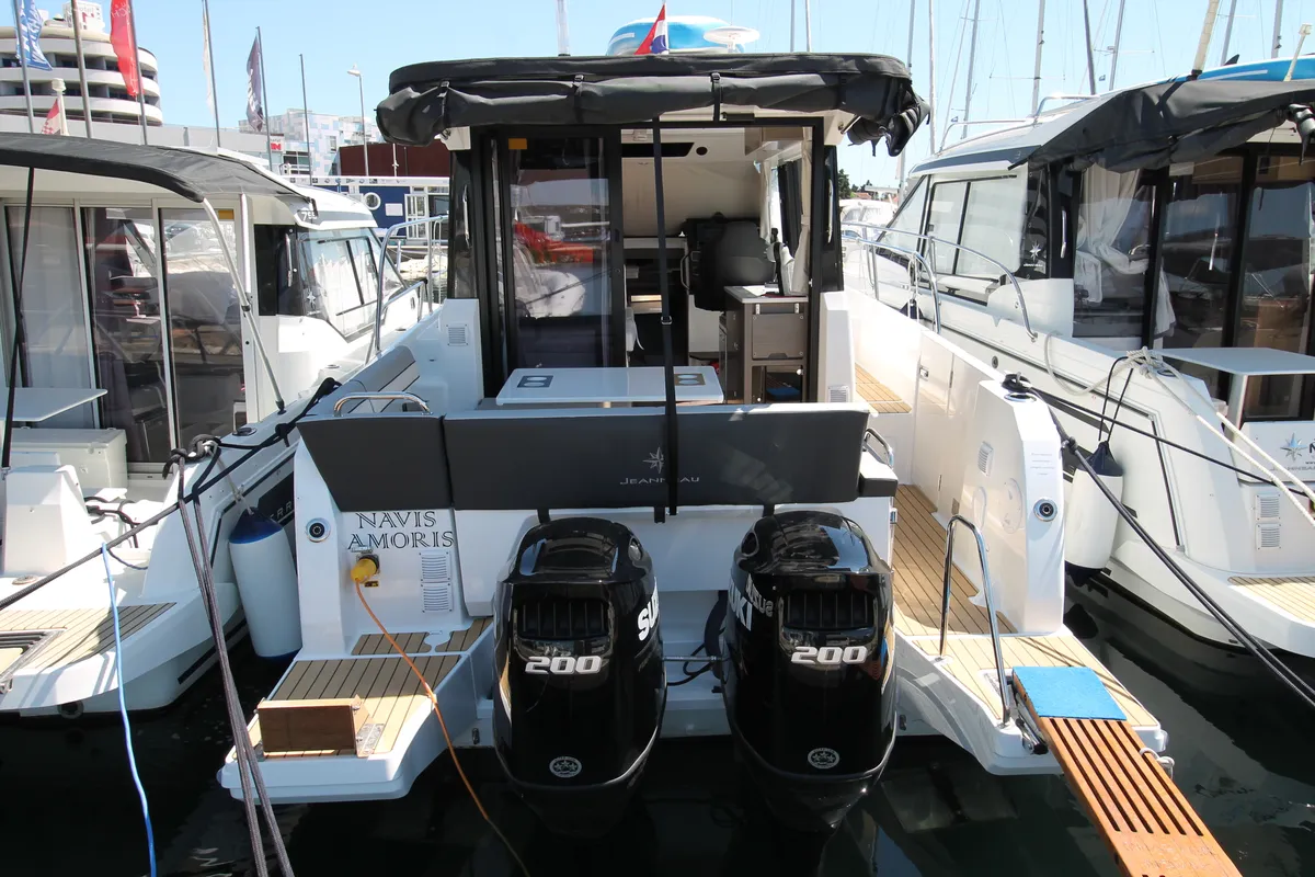 Exterior view of Navis Amoris, a Jeanneau Merry Fisher 895 Serie2 motorboat at Grad Biograd na Moru, Croatia