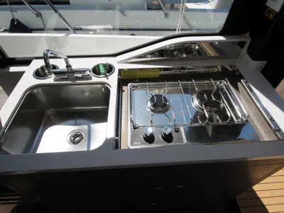 Galley of Navis Amoris, a Jeanneau Merry Fisher 895 Serie2 motorboat at Grad Biograd na Moru, Croatia