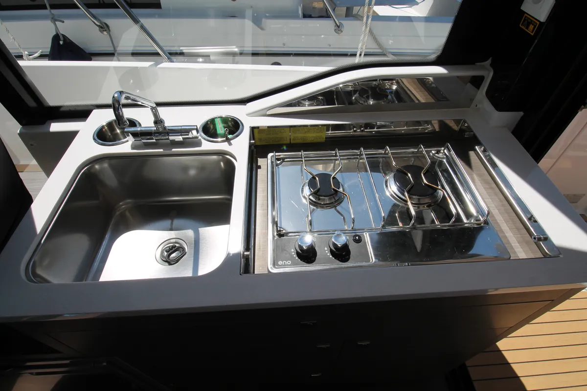 Galley of Navis Amoris, a Jeanneau Merry Fisher 895 Serie2 motorboat at Grad Biograd na Moru, Croatia