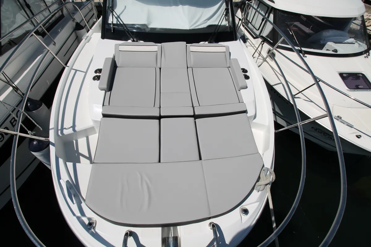 Deck of Navis Amoris, a Jeanneau Merry Fisher 895 Serie2 motorboat at Grad Biograd na Moru, Croatia
