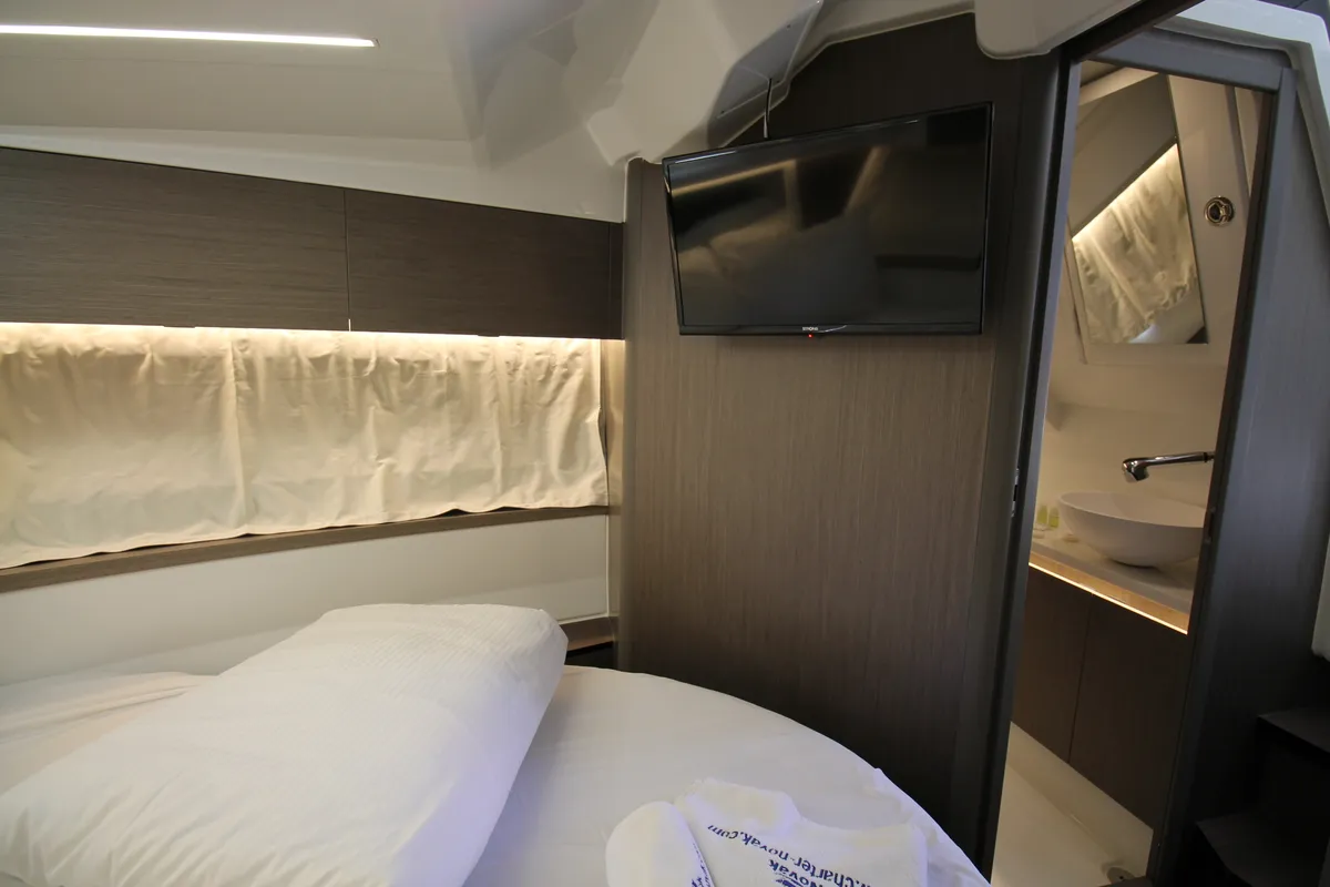 Cabin on Navis Amoris, a Jeanneau Merry Fisher 895 Serie2 motorboat at Grad Biograd na Moru, Croatia