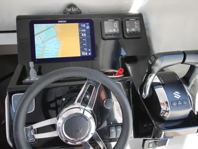 Cockpit of Navis Amoris, a Jeanneau Merry Fisher 895 Serie2 motorboat at Grad Biograd na Moru, Croatia