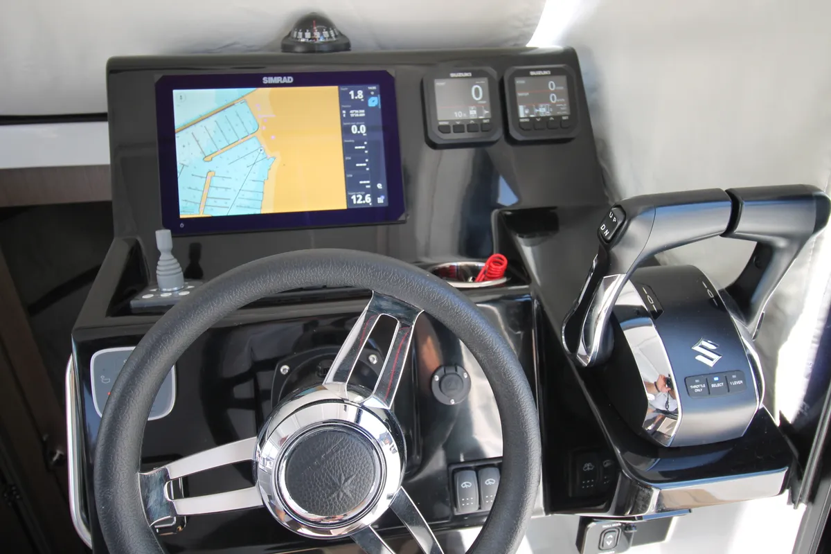 Cockpit of Navis Amoris, a Jeanneau Merry Fisher 895 Serie2 motorboat at Grad Biograd na Moru, Croatia