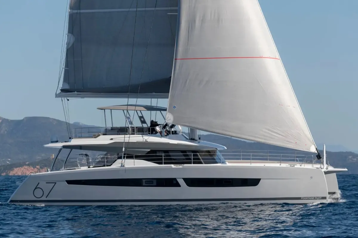 Exterior view of Premium +, a Fountaine Pajot Alegria 67 catamaran at Grad Trogir, Croatia