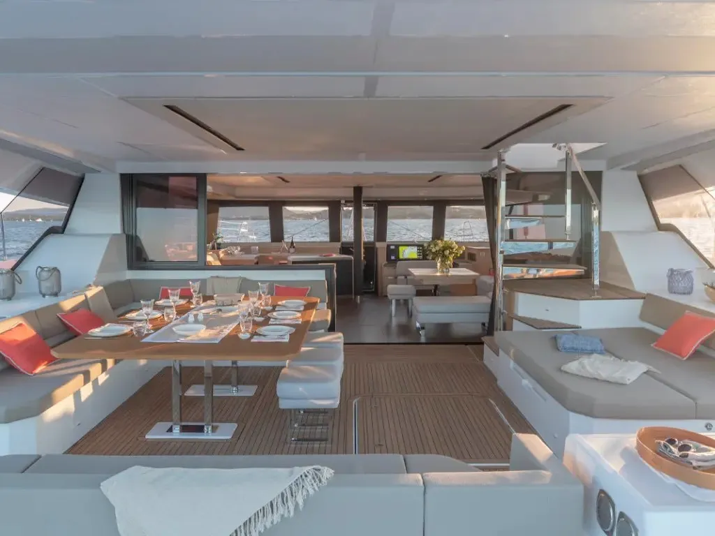 Deck of Premium +, a Fountaine Pajot Alegria 67 catamaran at Grad Trogir, Croatia