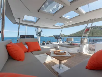 Deck of Premium +, a Fountaine Pajot Alegria 67 catamaran at Grad Trogir, Croatia