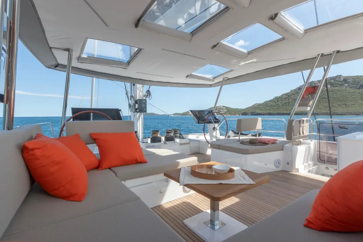 Deck of Premium +, a Fountaine Pajot Alegria 67 catamaran at Grad Trogir, Croatia