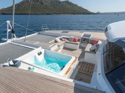 Deck of Premium +, a Fountaine Pajot Alegria 67 catamaran at Grad Trogir, Croatia