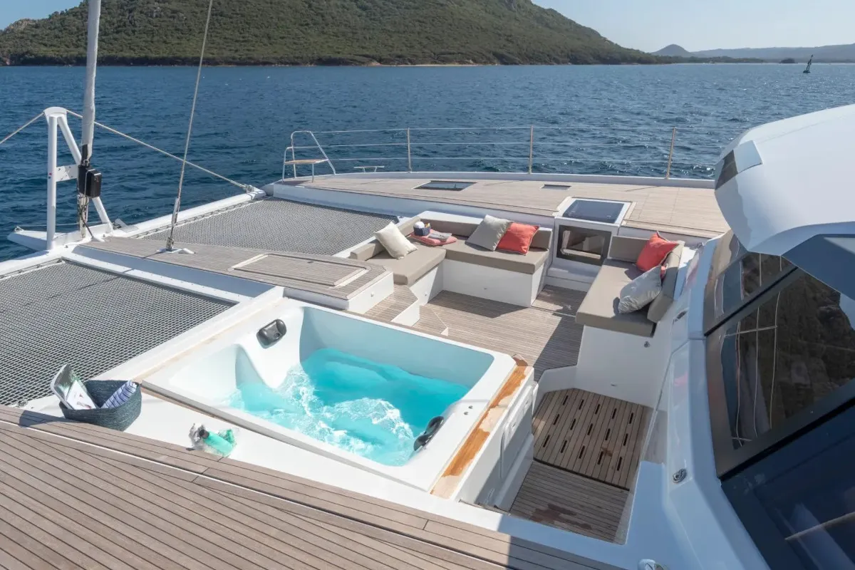 Deck of Premium +, a Fountaine Pajot Alegria 67 catamaran at Grad Trogir, Croatia