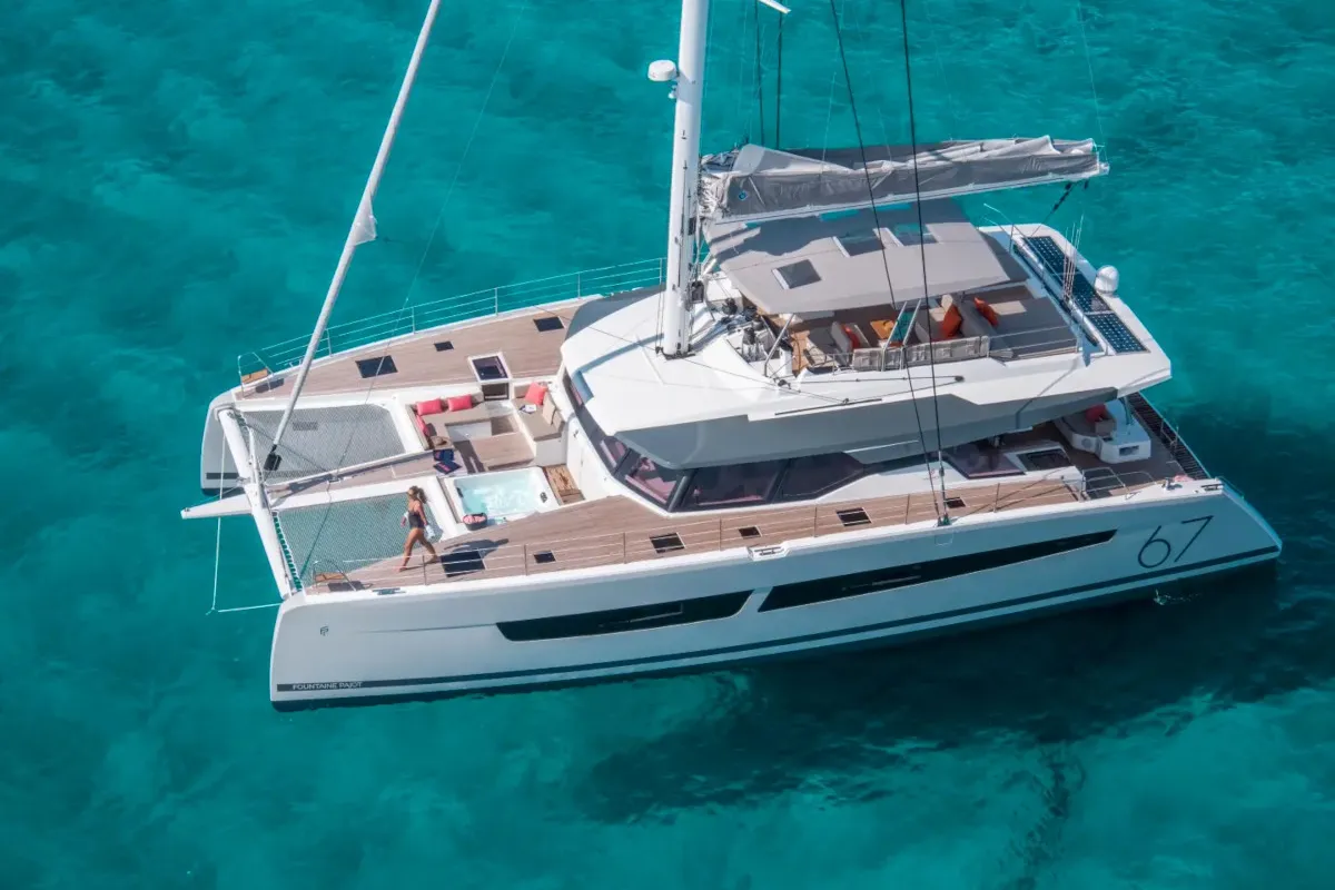 Exterior view of Premium +, a Fountaine Pajot Alegria 67 catamaran at Grad Trogir, Croatia