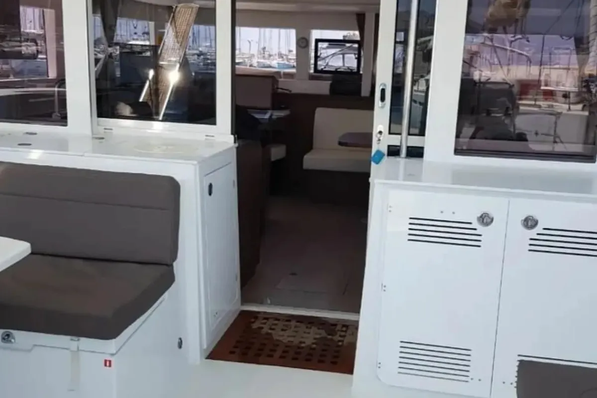 Deck of Afrodite, a Lagoon 450 catamaran at Thira Municipal Unit, Greece