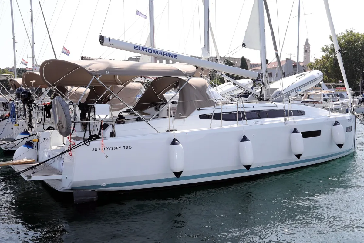 Exterior view of Red Kiss, a Jeanneau Sun Odyssey 380 sailboat at Grad Pula, Croatia