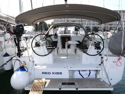 Cockpit of Red Kiss, a Jeanneau Sun Odyssey 380 sailboat at Grad Pula, Croatia